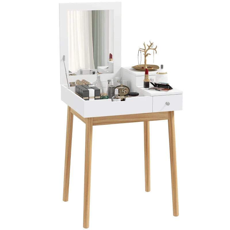 HOMCOM Schminktisch Frisiertisch Kosmetiktisch mit aufklappbarem Spiegel Holzfüße Weiß+Natur 60 x 50 x 85,5cm