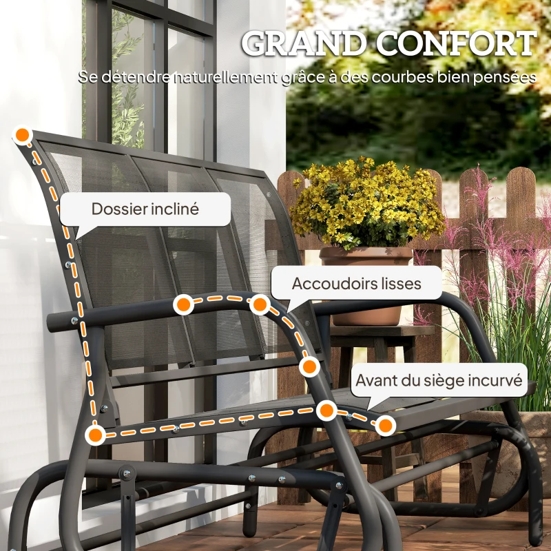 Outsunny Banc à Bascule de Jardin 3 Places Design Contemporain Grand Confort accoudoirs Assise et Dossier Ergonomique Acier textilène Noir