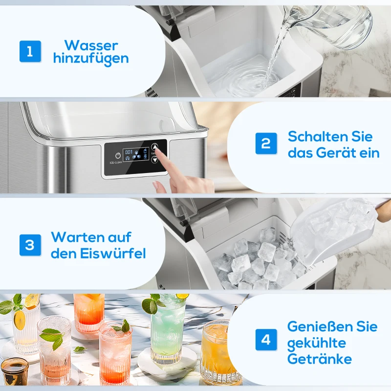 HOMCOM Eiswürfelmaschine, Eiswürfelspender, Ice-Maker, 20 kg/24h Eiswürfelbereiter mit 2,1 L Wassertank, Silber