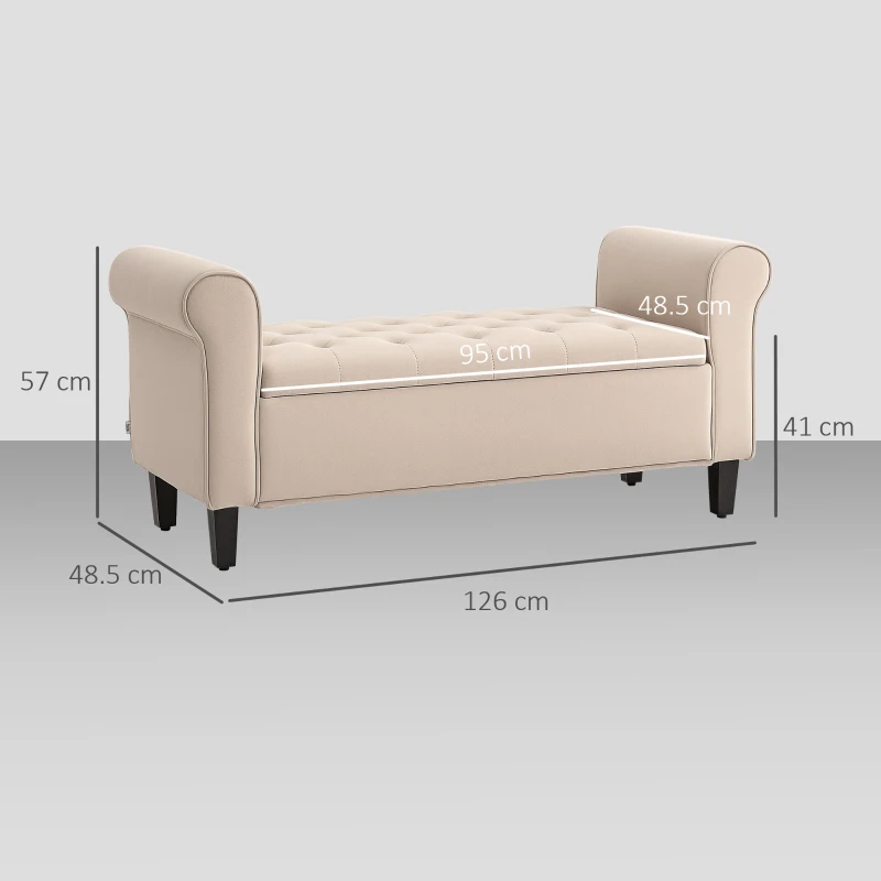 HOMCOM Bancă Dormitor cu Compartiment de Depozitare și Cotiere Rulate, 126x48.5x57 cm, Bej