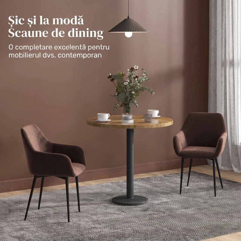 HOMCOM Set 2 Scaune de Dining Nordice Tapițate cu Brațe Curbate din Țesătură cu Efect de Catifea, 54x57x80 cm, Maro