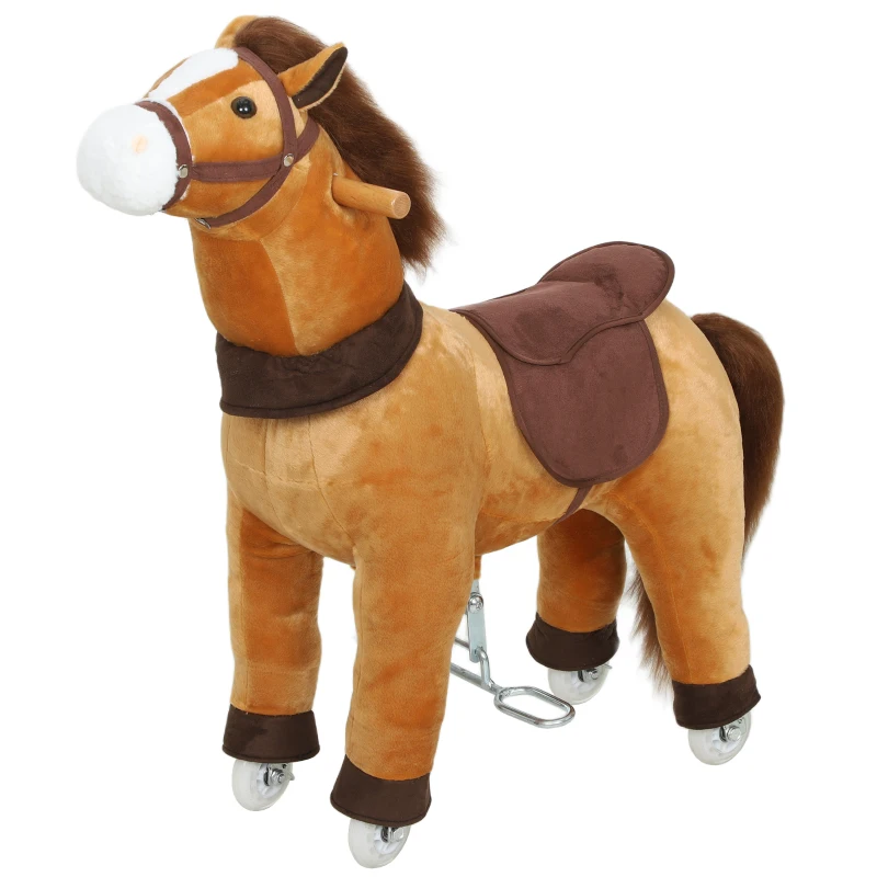 AIYAPLAY Cheval à Monter pour Enfant, Cheval à Roulettes en Peluche, Poignée, 75 cm de Haut, pour 3 à 5 Ans, Marron