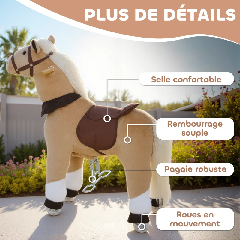 AIYAPLAY Cheval à bascule animal à bascule sur roulettes avec selle et harnais pour enfant de 3 à 5 ans 70 x 28 x 80 cm marron