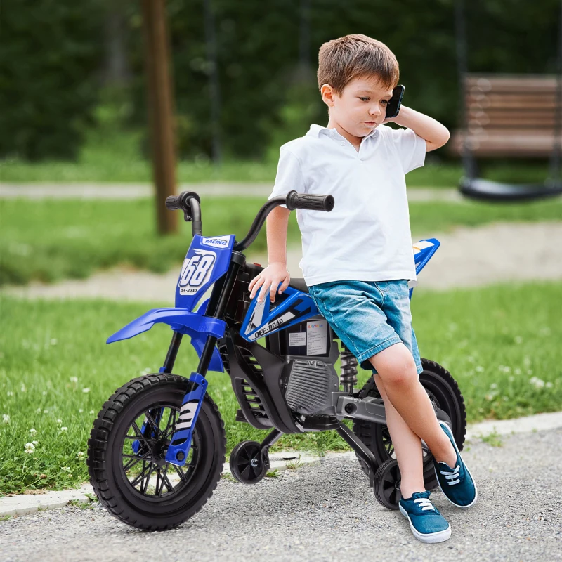 AIYAPLAY Moto Eléctrica para Niños 12V con 2 Motores Suspensión Trasera Ruedas de Apoyo Desmontables Música Niños 3-6 Años Azul