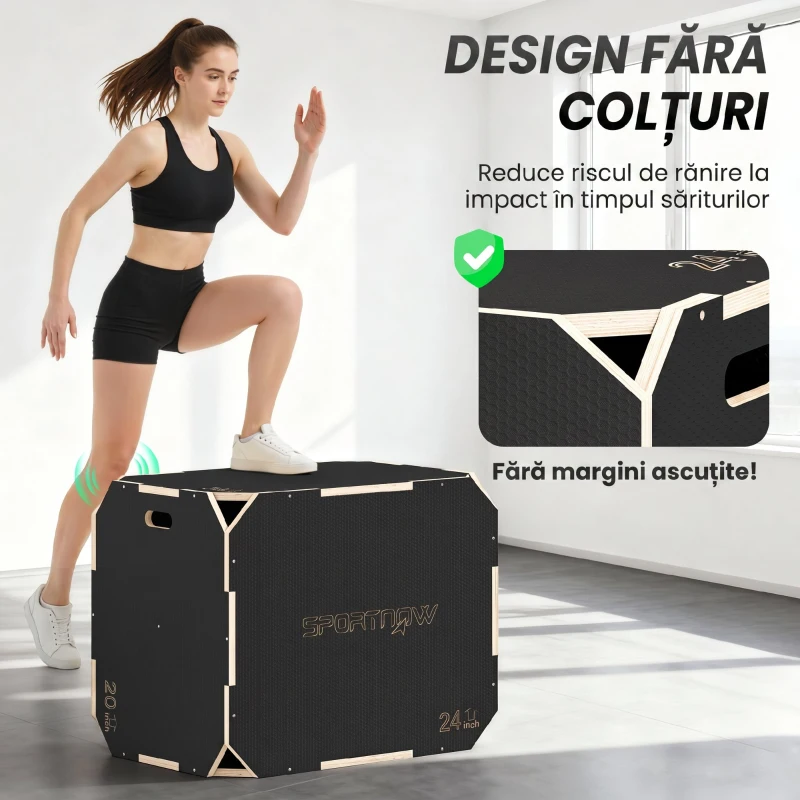 SPORTNOW Cutie Plyo In Lemn 3 In 1, Antiderapant Con Mânere Per Acasă Și Sală