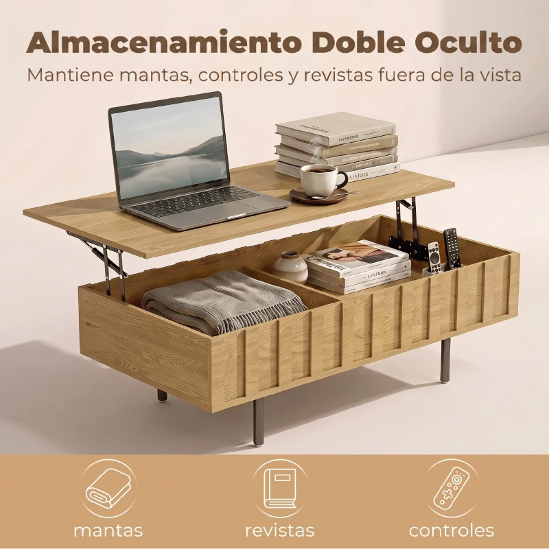 HOMCOM Mesa de Centro Elevable Mesa de Café para Salón con 2 Compartimentos Ocultos Patas de Metal 110x55x36,5 cm Roble