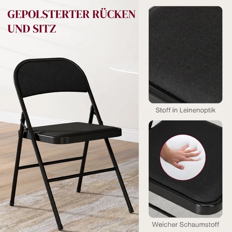 HOMCOM 6er-Set Klappstühle, Tragbare Bürostühle, Stahlbeine, Faltstuhl für Büro, Empfang, Wartezimmer, Leinenoptik Schwarz