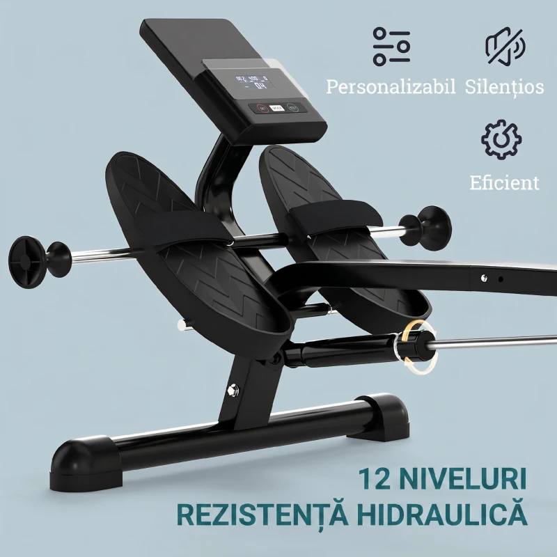 Aparat de Vâslit Hidraulic SPORTNOW cu 12 Niveluri de Rezistență, Echipament Fitness pentru Acasă cu Ecran LCD și Pedale Anti-Alunecare, Capacitate Maximă 130KG, Antrenament Cardio, Negru