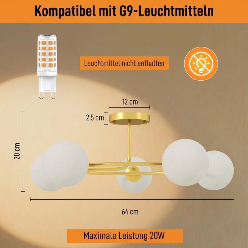HOMCOM Plafonniere 20W met 5 G9-fittingen, elegante goud-witte look, lichtbronnen niet inbegrepen