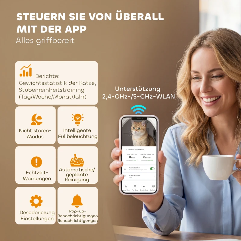 PawHut Selbstreinigende Katzentoilette, XL 72L Katzenklo Selbstreinigend mit HD-Kamera, App-Steuerung Müllbeutel, für 1-12 kg