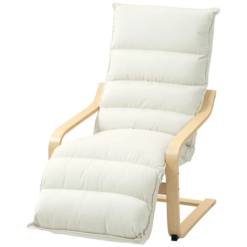 HOMCOM Loungestoel van berkenhout, gestoffeerde stoel met verstelbare voetensteun, moderne armleuningstoel, creme wit