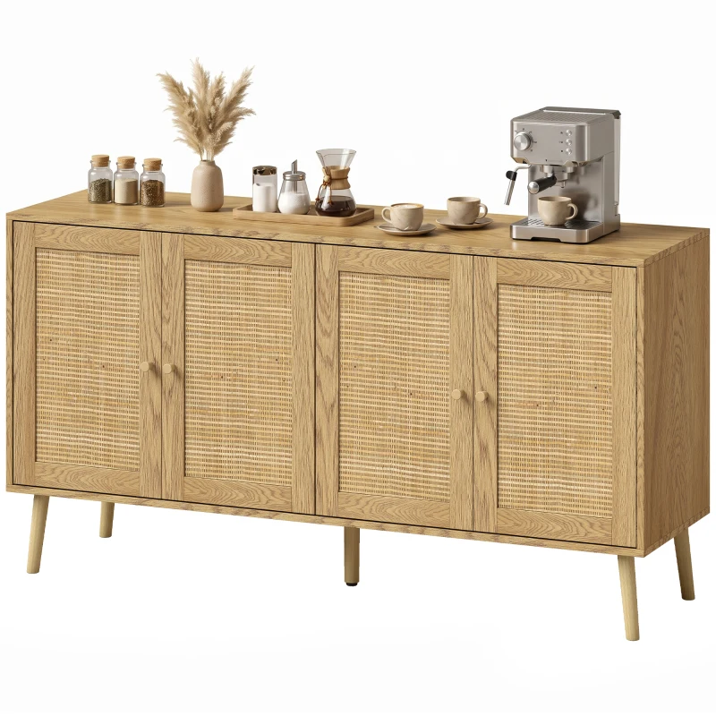 HOMCOM Rattan Sideboard mit 4 Türen, Boho Küchenbuffet mit 2 verstellbaren Einlegeböden, Holzoptik natur