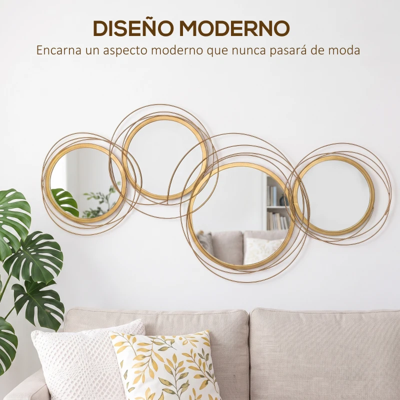 HOMCOM Decoración de Pared de Metal 3D de Espejos Redondos Adorno Metálico para Salón Dormitorio Comedor 107x56cm Dorado
