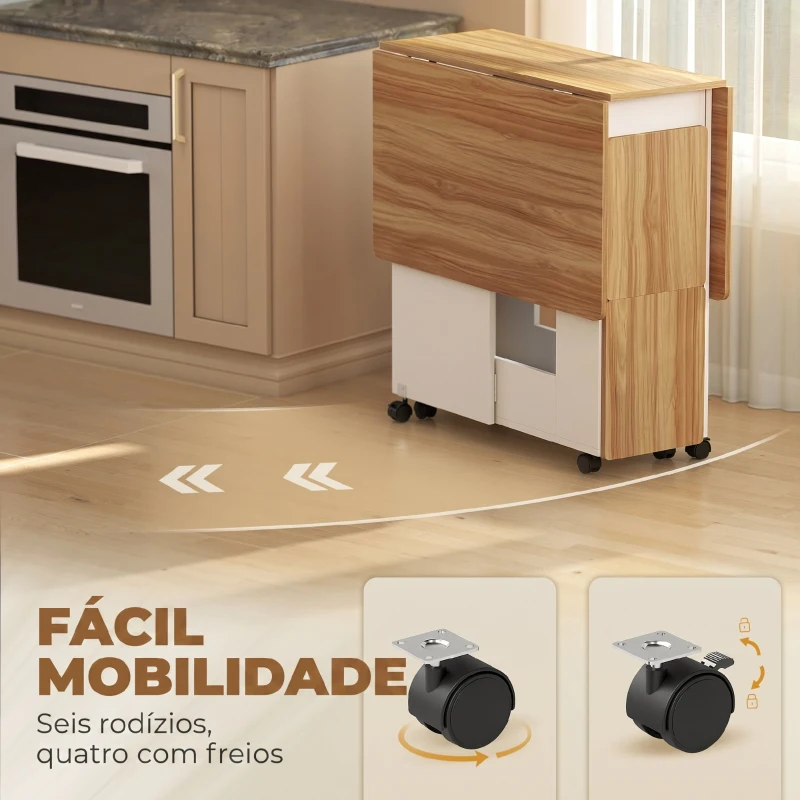 HOMCOM Conjunto de Mesa de Jantar Dobrável com 4 Bancos Ocultos, 2 Abas Rebatíveis, Rodas e Prateleiras, Carvalho
