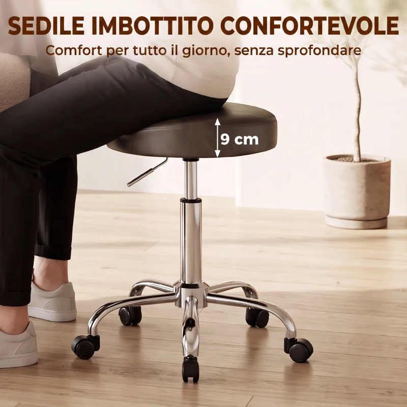 HOMCOM Sgabello Girevole a 360° con Altezza Regolabile, in Finta Pelle, Capacità 120 kg, 39x34.5x52-67.5 cm, Marrone