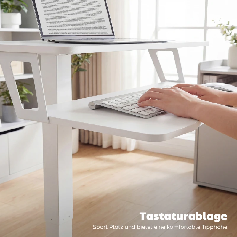 HOMCOM Höhenverstellbarer Stehschreibtisch, Rollbarer Sit-Stand-Schreibtisch mit Tastaturablage, Rollen und Stahlrahmen, Weiß