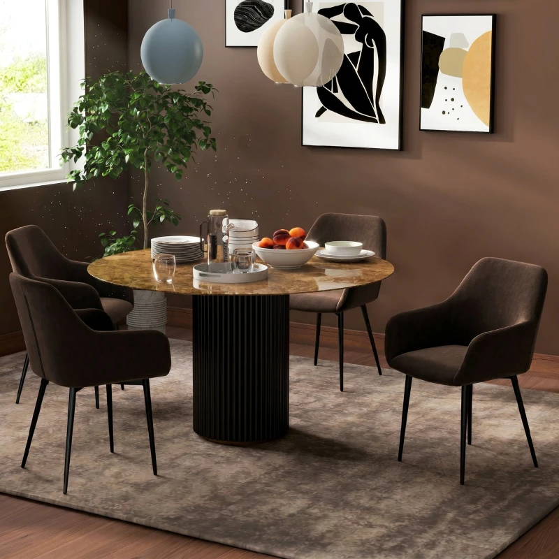 HOMCOM Set 2 Scaune de Dining Nordice Tapițate cu Brațe Curbate din Țesătură cu Efect de Catifea, 54x57x80 cm, Maro