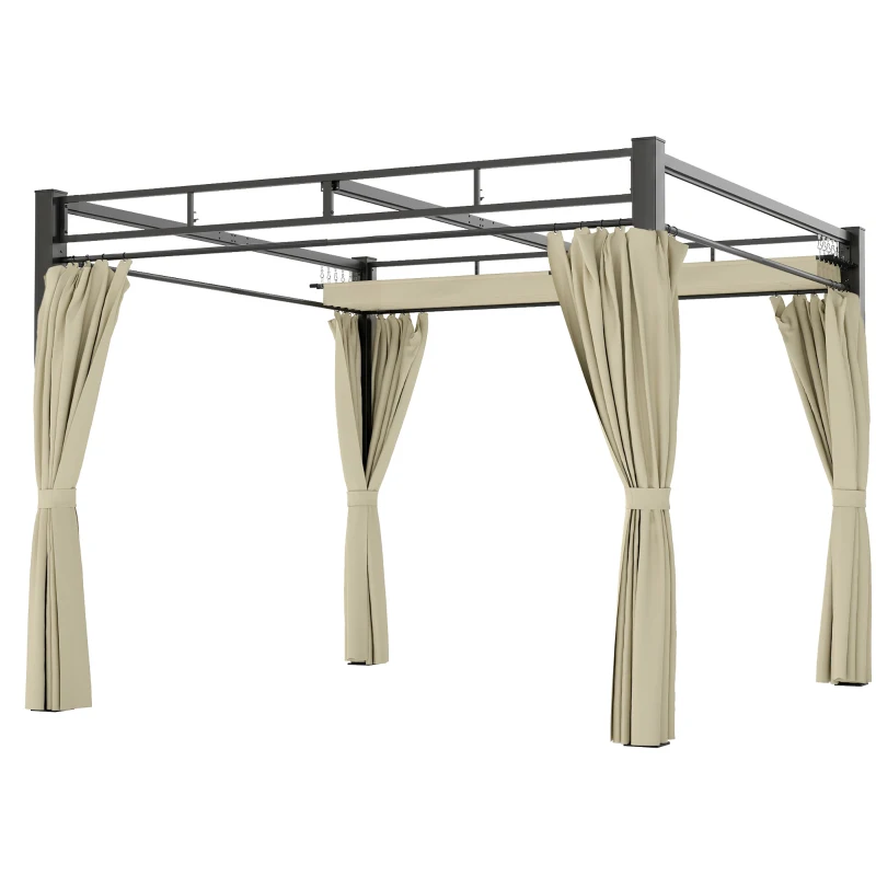 Outsunny Pérgola de Jardín 3x3 m con Techo Retráctil y Cortinas Protección UV30+ Estructura Metálica para Patio Terraza Beige