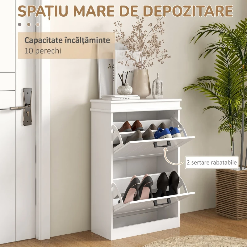 HOMCOM Dulap Modern pentru Pantofi cu 2 Sertare Rabatabile, Capacitate 10 Perechi și Raft Reglabil, 54x24x82,5 cm, Alb