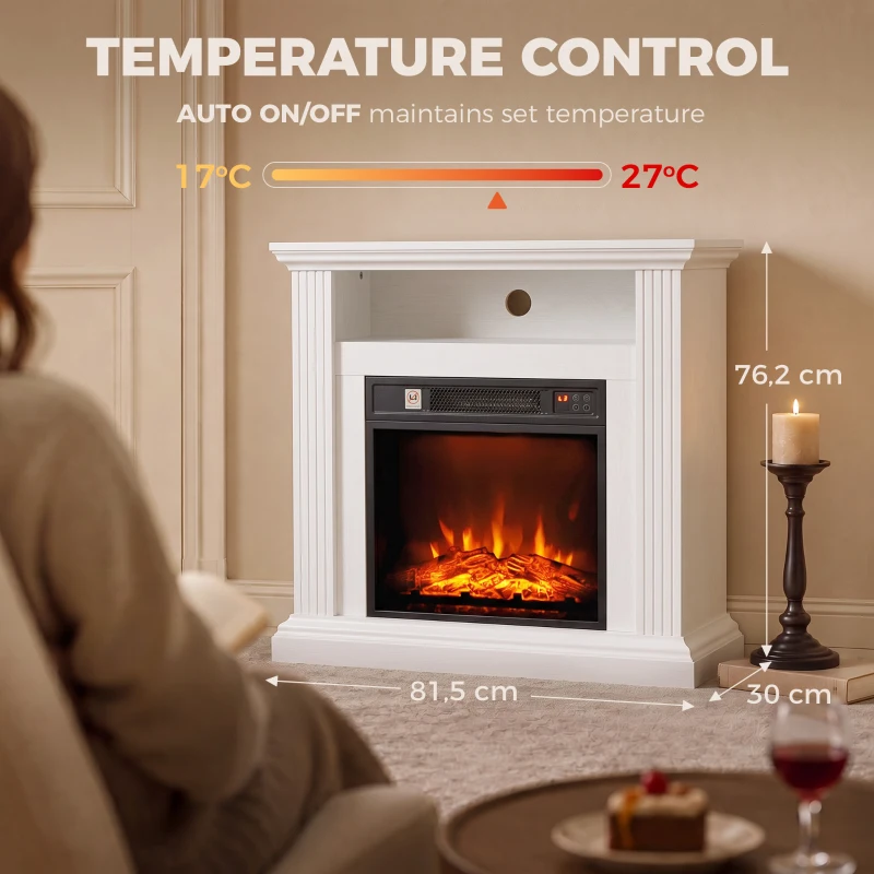 HOMCOM Chimenea Eléctrica 1800 W, Efecto Llama con 3 Niveles de Luminosidad, Chimenea Falsa con Repisa, Efecto Madera Blanco