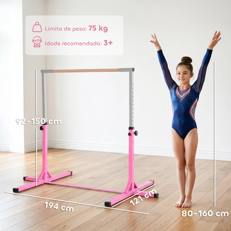 HOMCOM Barra de Ginástica para Crianças com Altura Ajustável 92-150 cm Barra Horizontal de Ginástica 197x121x150 cm Rosa