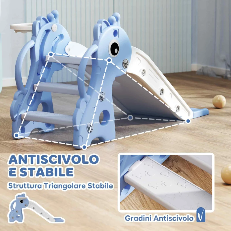 AIYAPLAY Scivolo per Bambini con Scaletta, Canestro da Basket e Pallone, Design Giraffa, per Bambini 1-3 Anni, Blu