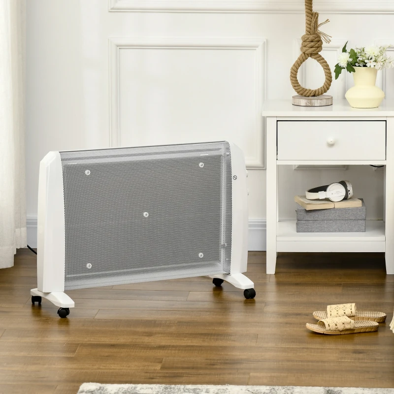 HOMCOM Radiator Electric Mică 1000W/2000W cu Termostat Reglabil, 15-20 m², 4 Roți, 79x27x54 cm, Alb
