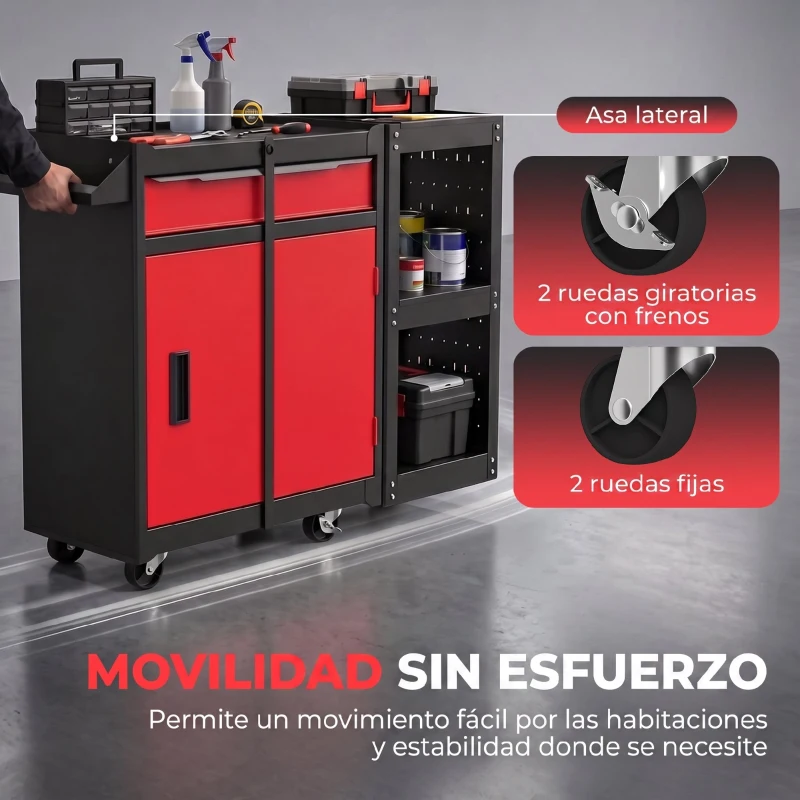 HOMCOM Carro de Herramientas con Ruedas 3 en 1 con 5 Cajones y Armario Inferior Paneles Perforados y Cerradura Negro y Rojo