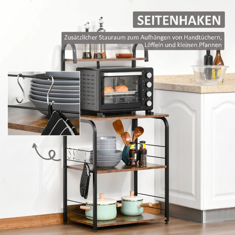 HOMCOM Küchenregal, Standregal mit 3 Ablagen, 4 Haken, Mikrowellenregal für Küche, Esszimmer, Rustikal-Braun, 60 x 40 x 125 cm