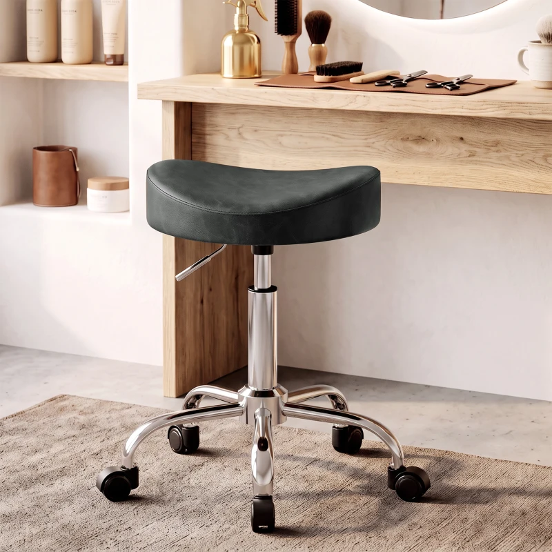 HOMCOM Tabouret à roulettes pivotant hauteur réglable en cuir synthétique avec assise rembourrée pour spa bureau tatouage noir