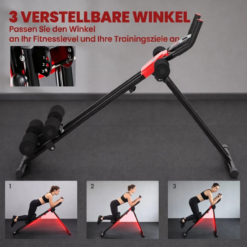 SPORTNOW Trener mięśni brzucha, składany trener mięśni brzucha z wyświetlaczem LCD, podwójne prowadnice udźwig do 120 kg, stal, czerwony