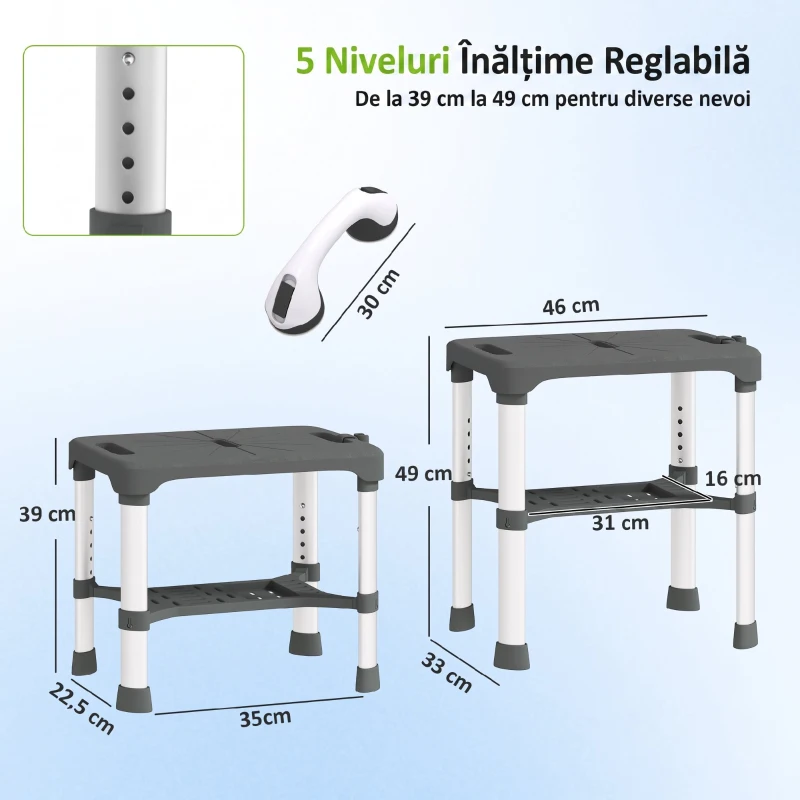 HOMCOM Scaun de Duș din Aluminiu cu Raft Integrat, Înălțime Reglabilă pe 5 Niveluri, Suport 150kg, Gri