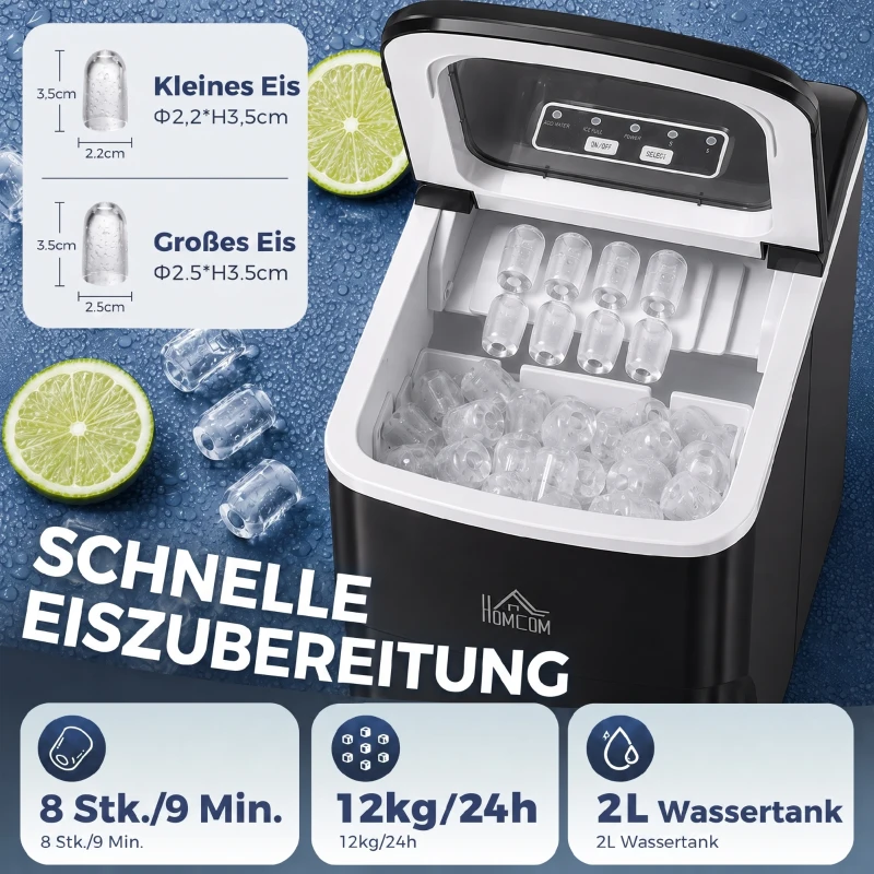 HOMCOM Eiswürfelmaschine 12kg/24h 2L Eiswürfelbereiter mit LED-Display, 2 L Wassertank, 90 W, Schwarz