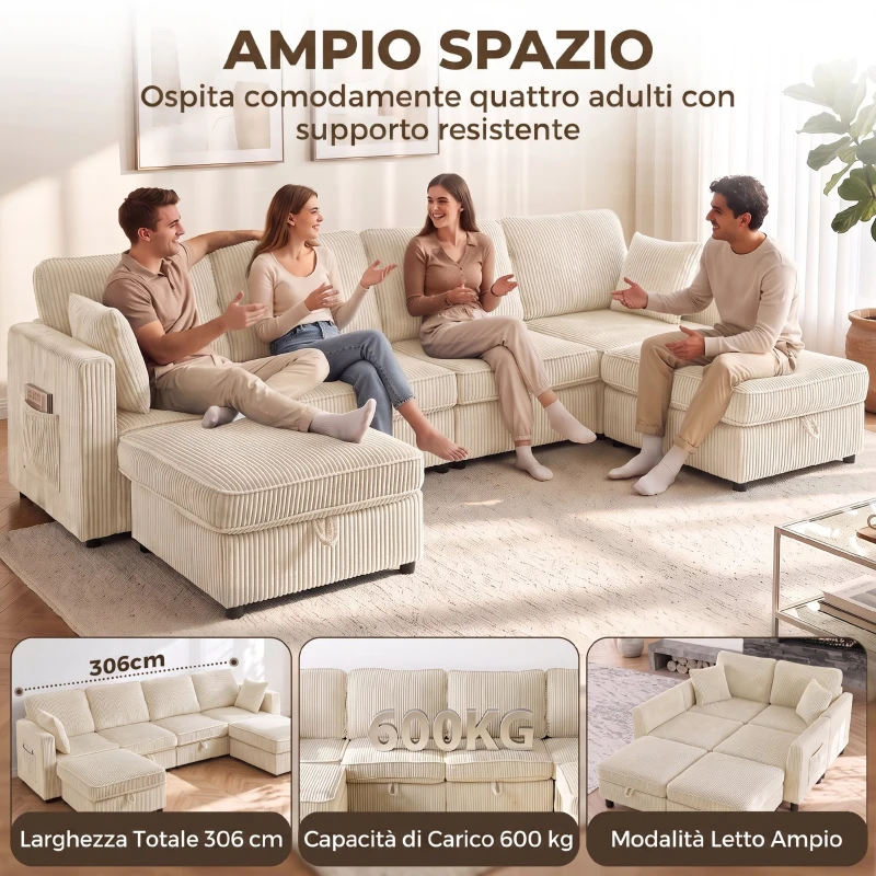 HOMCOM Divano Modulare a U 4 Posti con 2 Pouf Contenitori in Velluto a Coste, 4 Cuscini, Bianco Crema