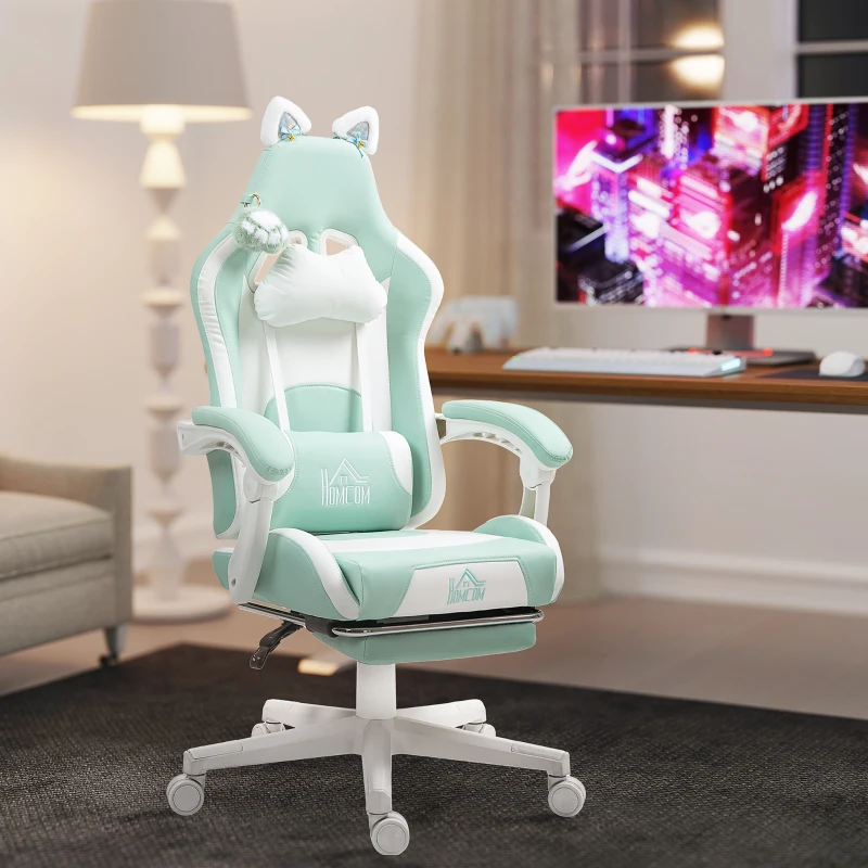 HOMCOM Scaun de Gaming Rabatabil cu Suport pentru Picioare și Perne, din Piele Ecologică și Spumă, 65x62x116-124 cm, Alb și Albastru