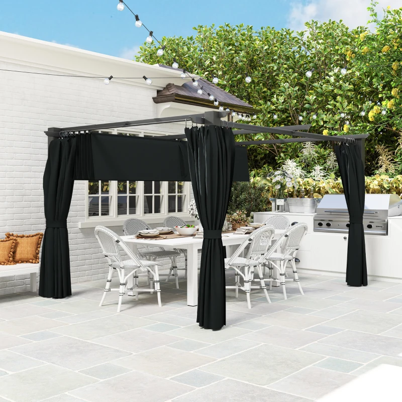 Outsunny Pérgola con Techo Retráctil 4x3 m Cenador con Paredes Laterales Anti-UV Resistente al Agua para Jardín Patio Gris Oscuro