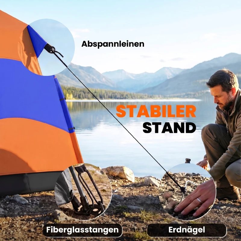 Outsunny Doppellagiges Instant-Pop-Up-Zelt mit Regenschutz, Outdoor Familienzelt für 4 Personen wasserdicht sechseckig 4 Jahreszeiten Kuppelzelt mit Bodenplane 2 Türen Moskitonetz Tragetasche Orange