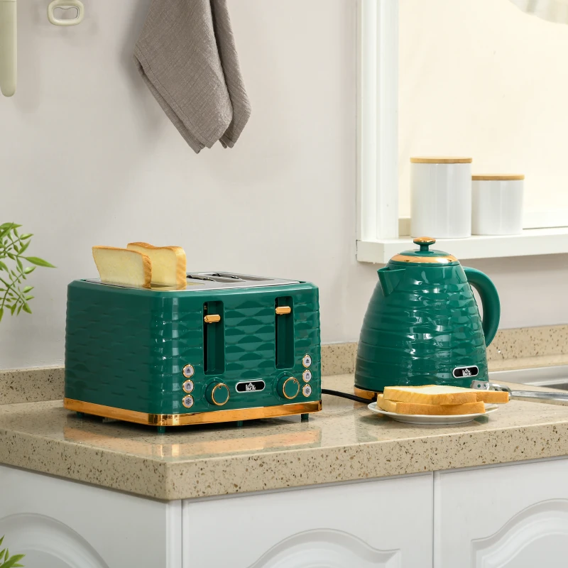 HOMCOM 2-in-1 Toaster und Wasserkocher Set, 7 Bräunungsstufen, Auftau- und Aufwärmfunktion, Grün