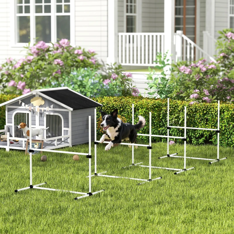 PawHut Agility pour Chiens, Kit Agility Chien Parcours, Set de 4 Obstacles Professionnels Hauteur Réglable, Système de Maintien au Sol, Sac de Transport, Jeux Intéressants, Entraînement, Blanc