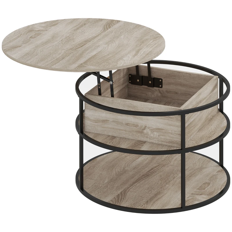HOMCOM Ronde koffietafel met opklapbaar tafelblad, opbergruimte, zijplanken, stalen frame, salontafel, Eik