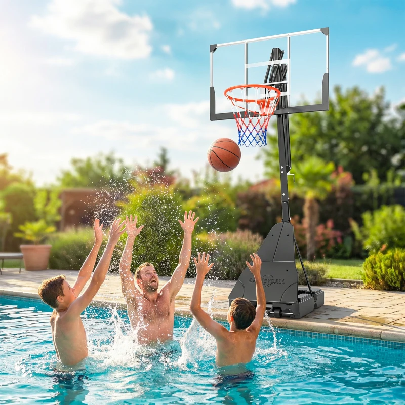 SPORTNOW Coș de Baschet Portabil pentru Exterior, Reglabil 2,45-3,05 m, Panou Rezistent la Șocuri, Reglare cu Manivelă