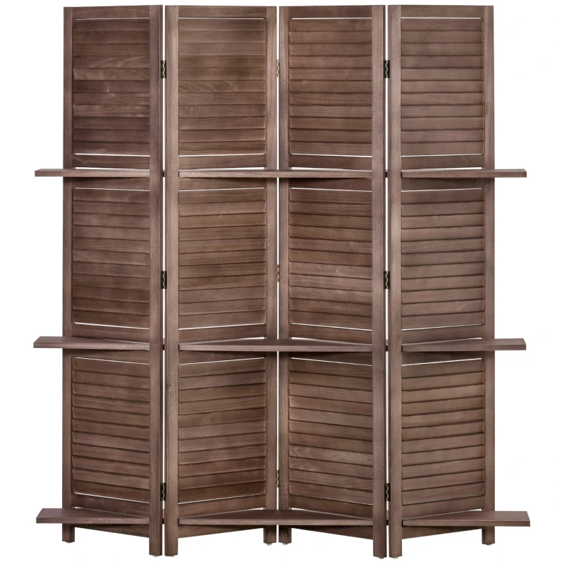 HOMCOM Biombo Plegable de 4 Paneles de Madera 162x170 cm Biombo Separador de Ambientes con 3 Estantes Nogal