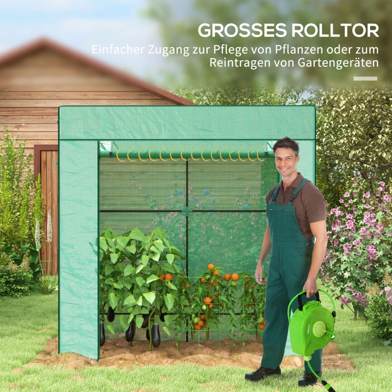 Outsunny Tomatengewächshaus Foliengewächshaus mit Rolltor Mesh-Fenster Schrägdach 196 x 77 x 197 cm Grün