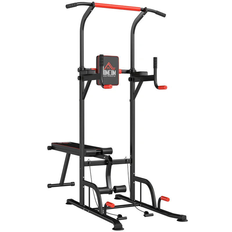 HOMCOM Barra de Dominadas Torre Entrenamiento Energía Power Tower Estación Pull Up Multifuncional Altura Ajustable 181-229 cm con Banco Plegable para Fitness Negro