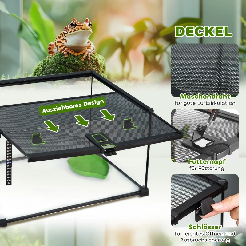 PawHut Reptielenbox Terrarium, inclusief streepjesthermometer, voederluiken, 50 cm x 30 cm x 25 cm, glas + metaal, zwart