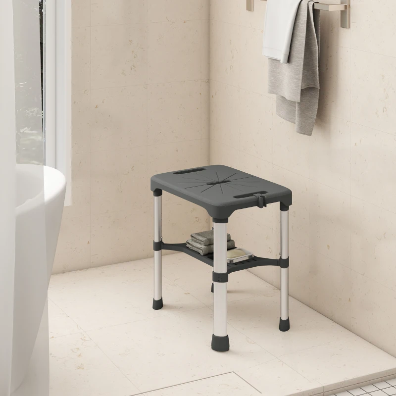 HOMCOM Scaun de Duș din Aluminiu cu Raft Integrat, Înălțime Reglabilă pe 5 Niveluri, Suport 150kg, Gri