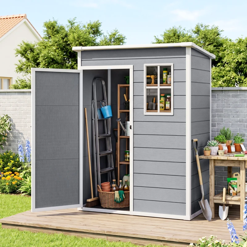 Outsunny Gerätehaus Kunststoff 1,14m² 151 x 92 x 193cm Geräteschuppen mit Pultdach Boden Fenster Grau(m-2)