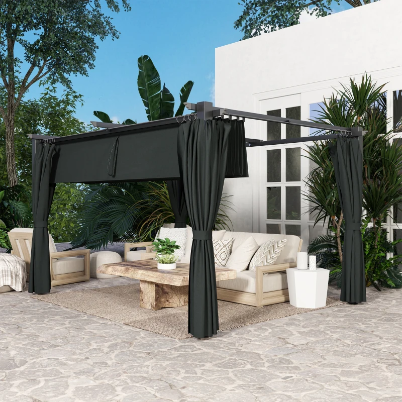 Outsunny Pérgola con Techo Retráctil 4x3 m Cenador con Paredes Laterales Anti-UV Resistente al Agua para Jardín Patio Gris Oscuro