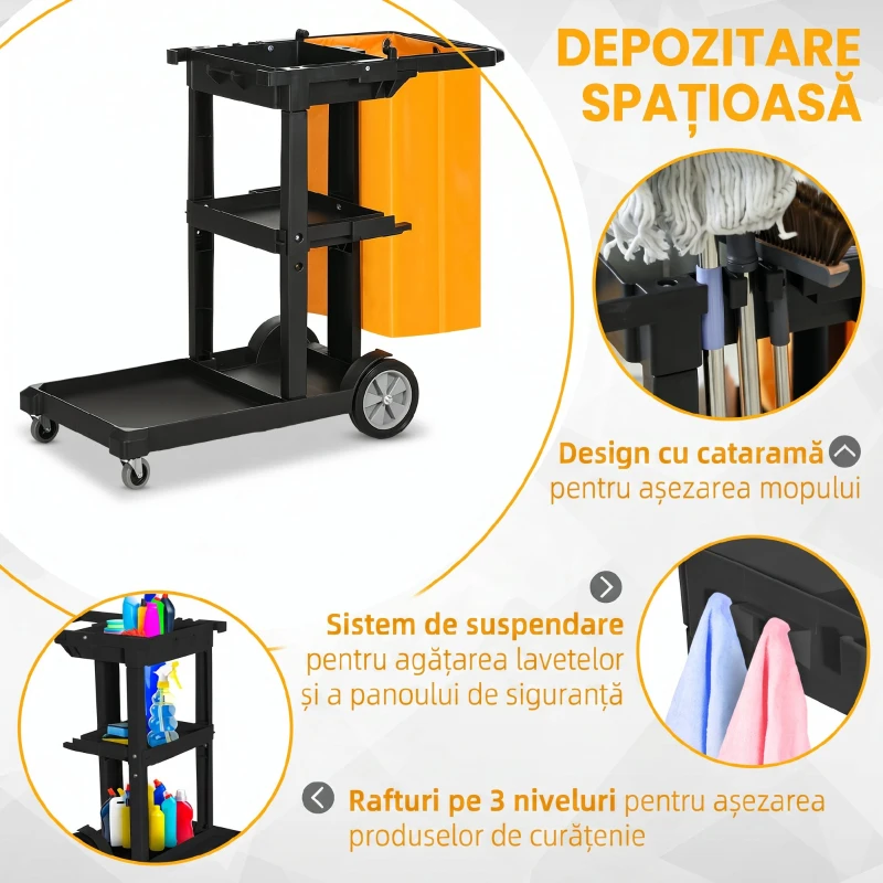 HOMCOM Cărucior de Curățenie cu 3 Rafturi, Cârlige și Sac de 100L, 121x50.5x96.5 cm, Negru, Galben și Gri