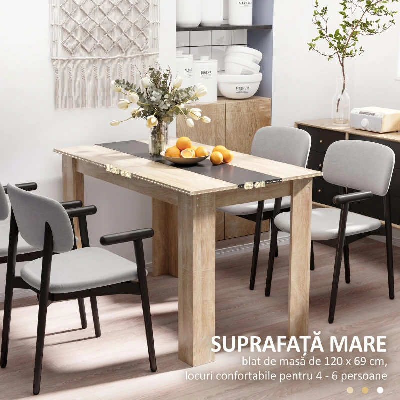 HOMCOM Masă de sufragerie modernă din lemn pentru 4-6 persoane, 120x69x75cm, culoare negru și lemn
